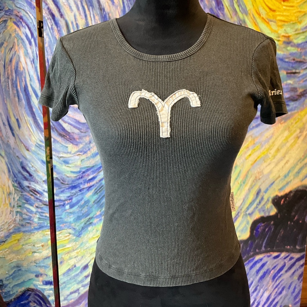 Free People the Laundry Room XS Dark gray Aries horoscope crop baby T